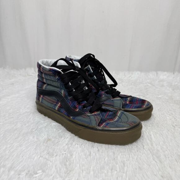 VANS / green red blue tartan plaid classic high top lace up sneakers / 6 - Picture 1 of 9